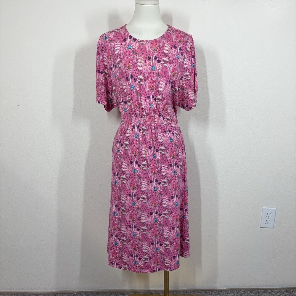 Boden Dress Womens 12 Pink Floral Jersey Pockets Midi Botanical Boho Cottage